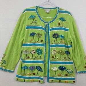 Vintage Just B Large Green Blue Embroidered Beaded Artsy Boho Novelty Cardigan